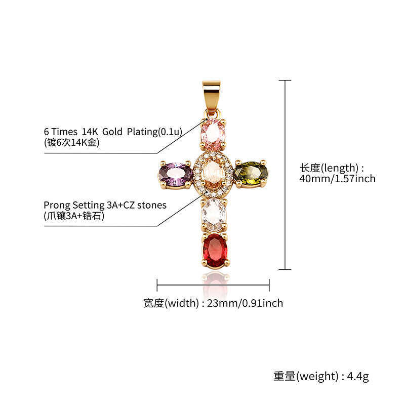 Creative Womens Colorful Cubic Zirconia Cross Pendant Necklace Shiny Prong Multi Color Crystal Hip Hop Fashion 14K Real Gold Plated CZ Stone Jewelry G