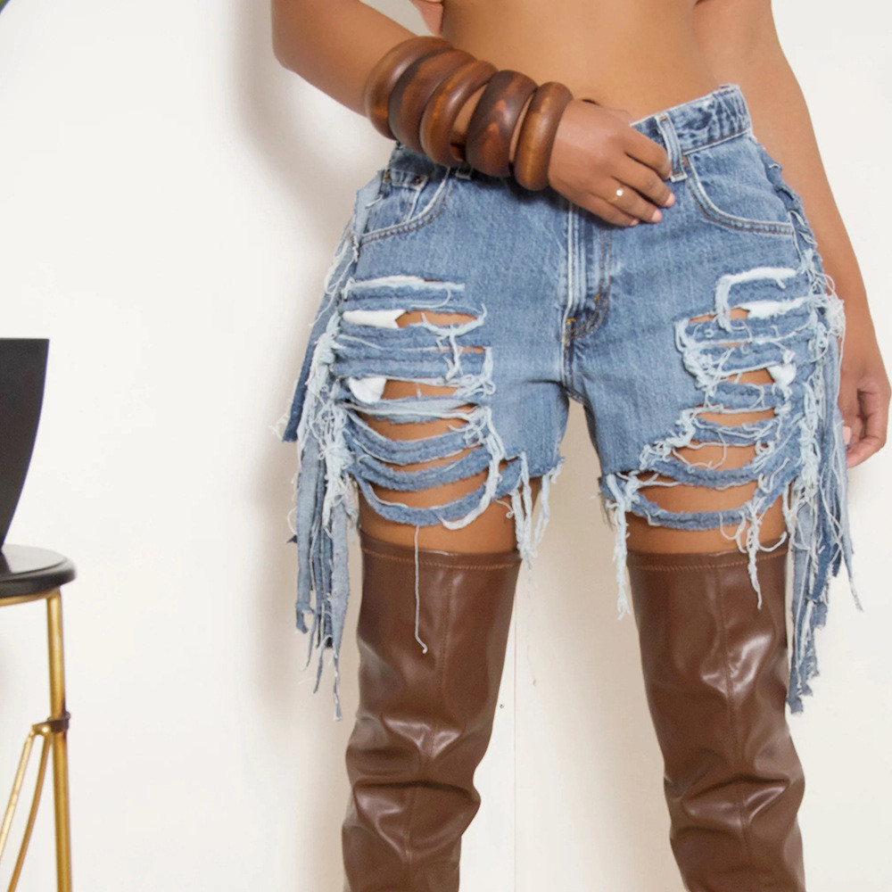 New NEW Designer Denim Shorts Summer Women Retro Tassels Jeans Casual High Waist Stretchy Ripped Shorts Fashion Distressed Retro Denim Shorts Clothes 