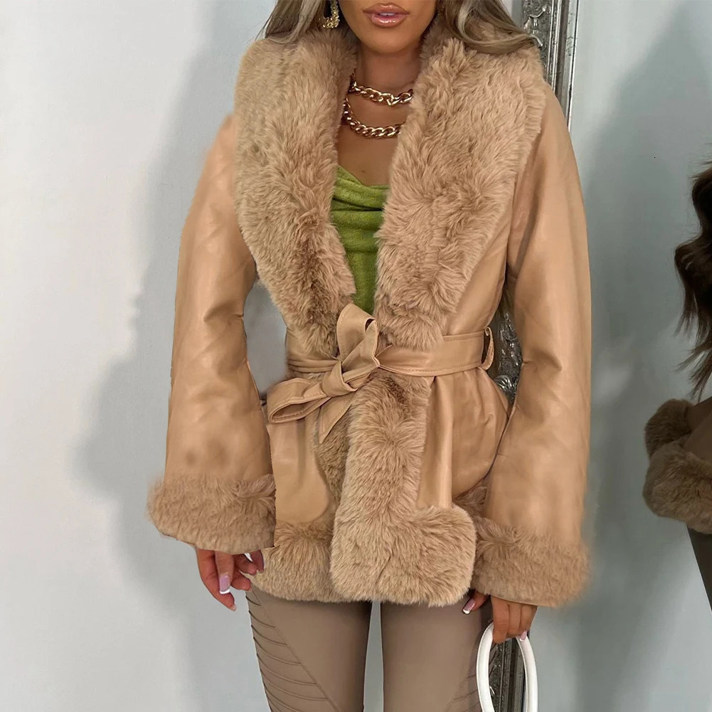 Women's Jackets Ladies Stylish PU Leather Winter Warm Plush Collar Jacket Faux Fur Coat Belted Women Featuring 231122