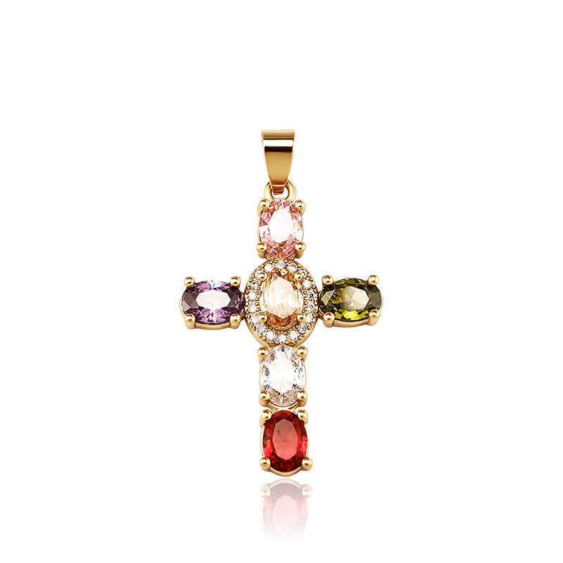 Creative Womens Colorful Cubic Zirconia Cross Pendant Necklace Shiny Prong Multi Color Crystal Hip Hop Fashion 14K Real Gold Plated CZ Stone Jewelry G