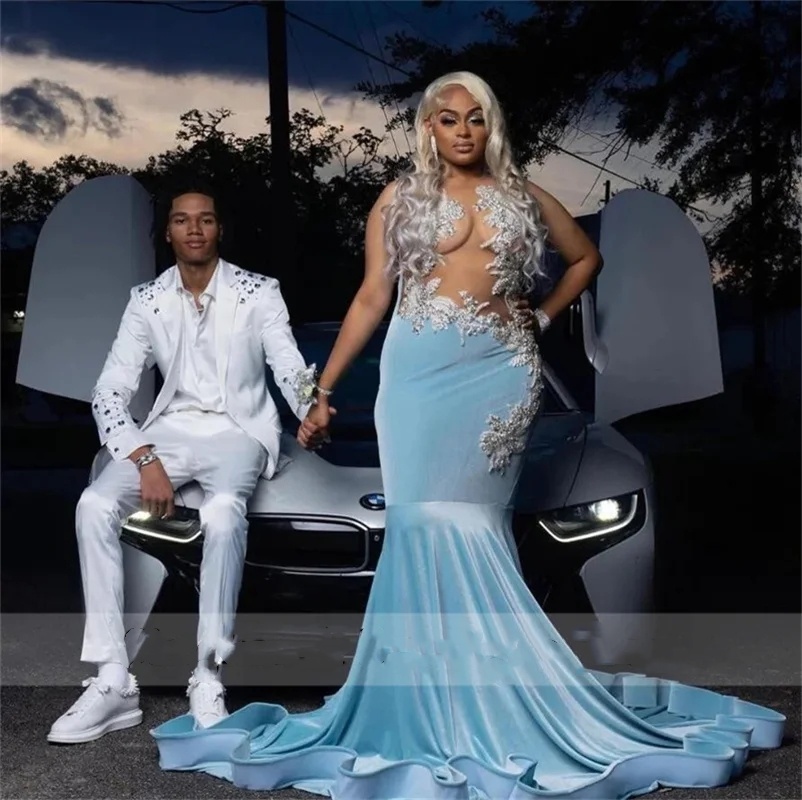 Diamonds Blue Sparkly Prom Dress for Black Girls Veet Glitter Bead Crystals Rhinestone Birthday Party Gown Vestidos 322