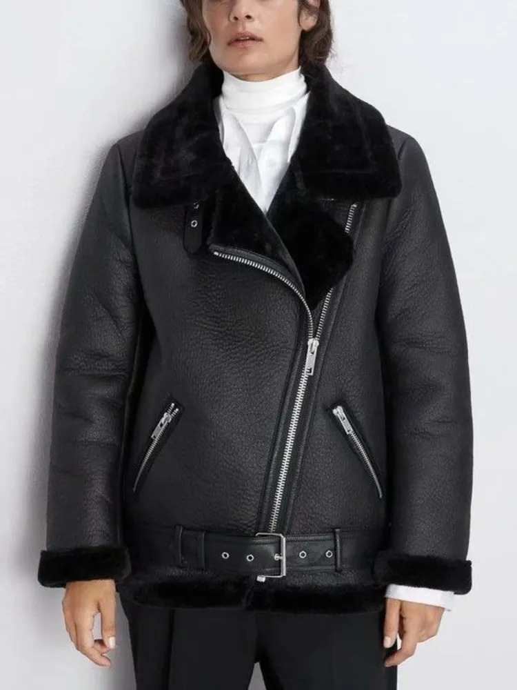Women's Fur Faux Thick and warm faux leather jacket Coat women's beige longsleeved belt women winter fashion streetwear Tops 231122