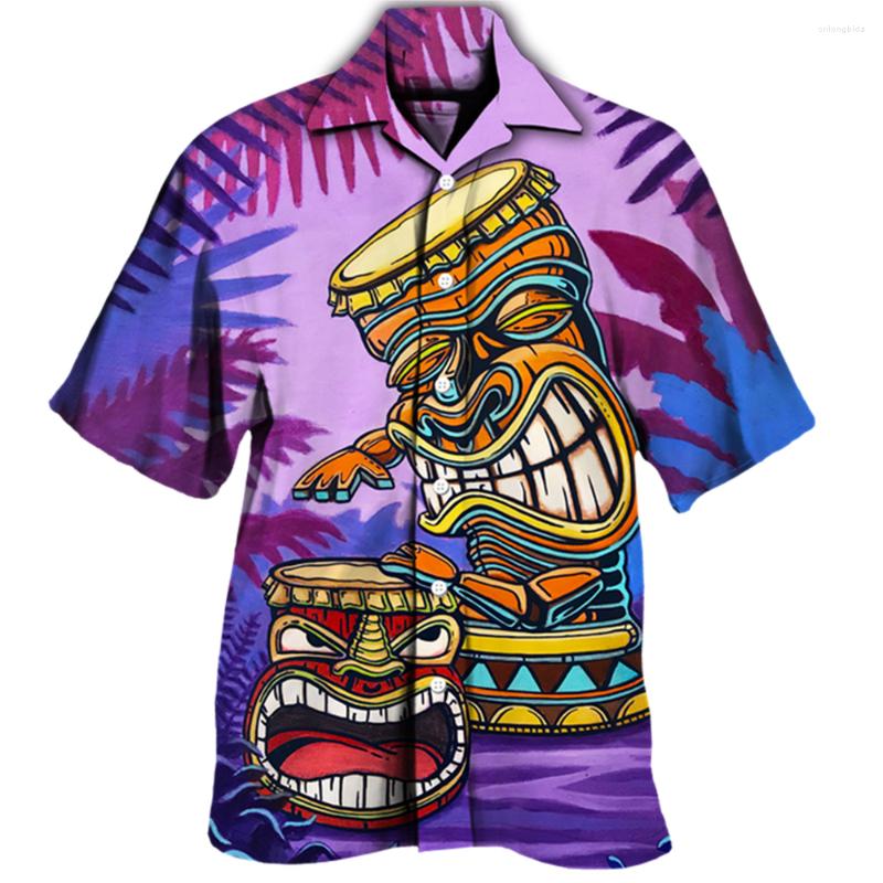 Men's Casual Shirts 2023 Mayan Totem 3D Print Men's Hawaiian Shirt With Cuban Collar And Skull Design Short Sleeve Fashion Top For Male