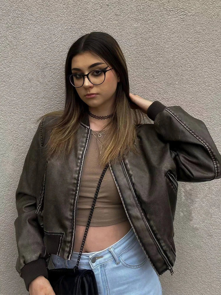 Women s Jackets SLTNX TRAF PU Leather Bomber Jacket for Women 2023 Vintage Stand Collar Front Zipper Short Coat Ladies Long Sleeve Outerwear 231123