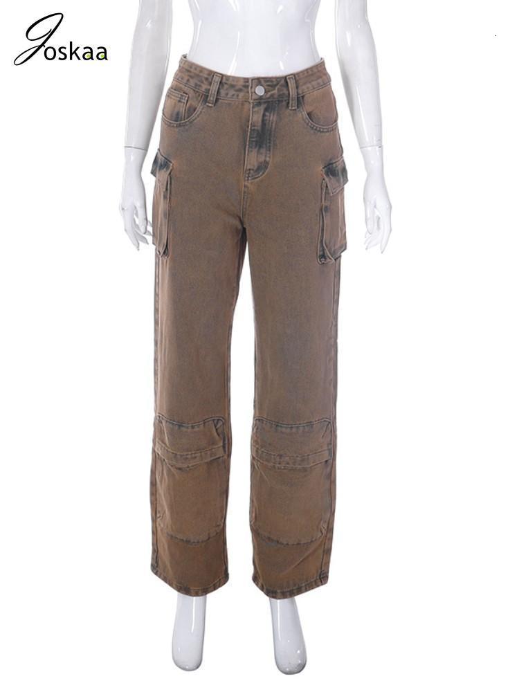 Women's Jeans Joskaa Solid High Waisted Jean Casual Multi Pockets Straight Pants Summer 2023 Fashion Denim Trousers Street Bottoms 230422Z