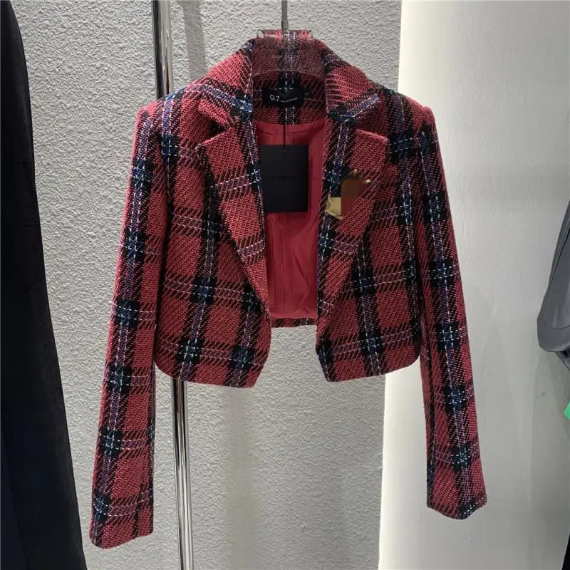 Womens Jackets Plaid Woolen Jacket Women Tweed Blazer High Waist Spring Autumn Cropped Small Suit Outerwear Office Lady Korean Tops 231123