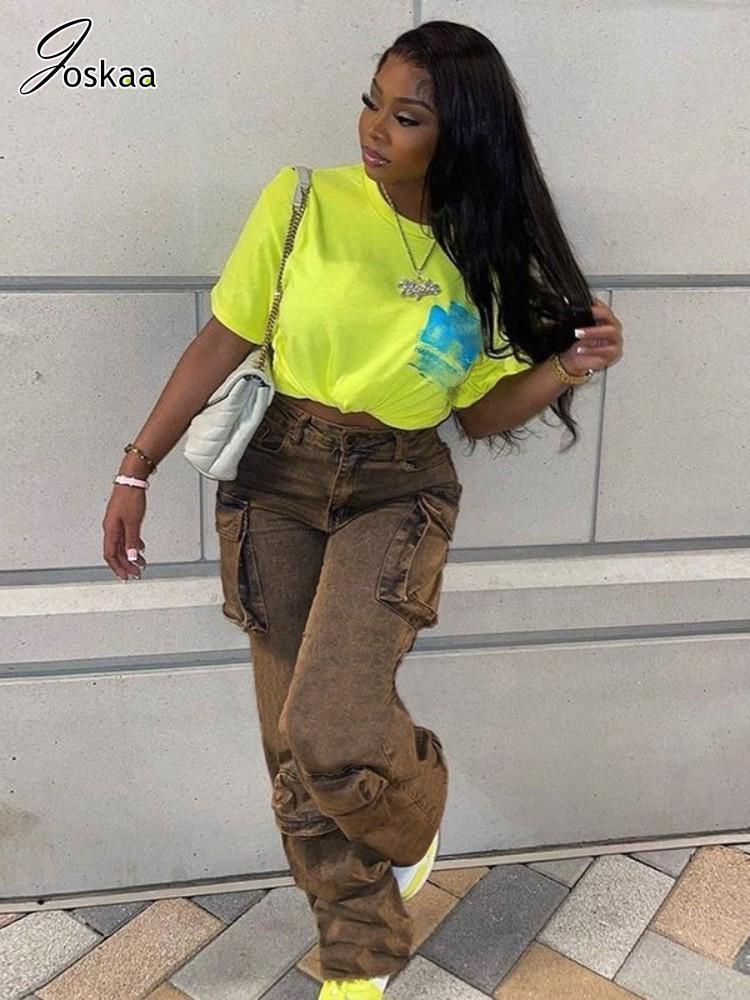 Women's Jeans Joskaa Solid High Waisted Jean Casual Multi Pockets Straight Pants Summer 2023 Fashion Denim Trousers Street Bottoms 230422Z