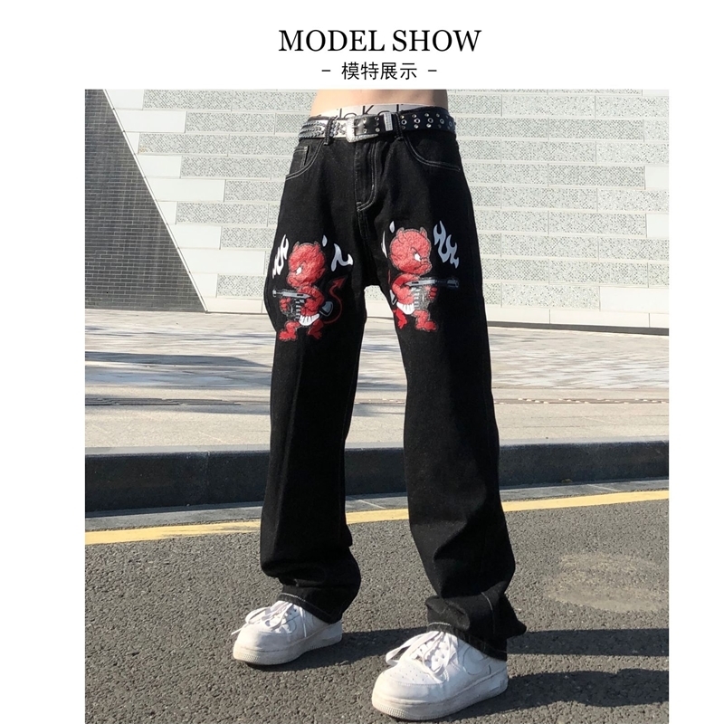 Women's Jeans Men's Jeans Devil Printed High Street Vintage Y2K Clothes Black Baggy Jeans Straight Trousers Streetwear Wide Leg Pants Men 23