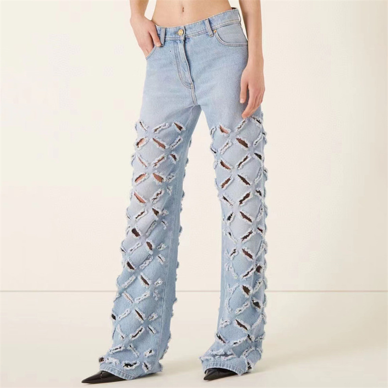 Women's Jean's Jeans 2023 Summer in Vintage Washed Hole Wide Leg Pants Metal Button Decorative Pure Cotton Denim Traf 230422Z