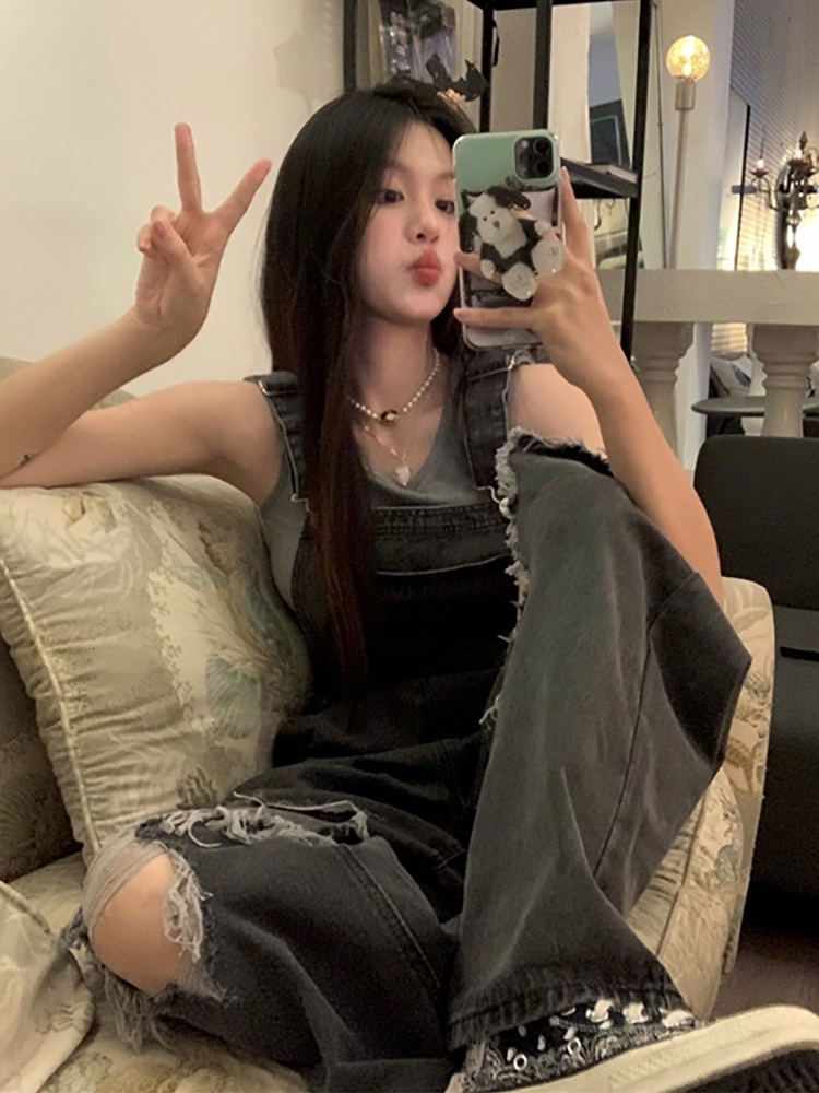 Women's Jean Jump Suit Summer Hole Denim Overalls Oversized Jeans High Waist Girl Style Street Trousers Female 230422