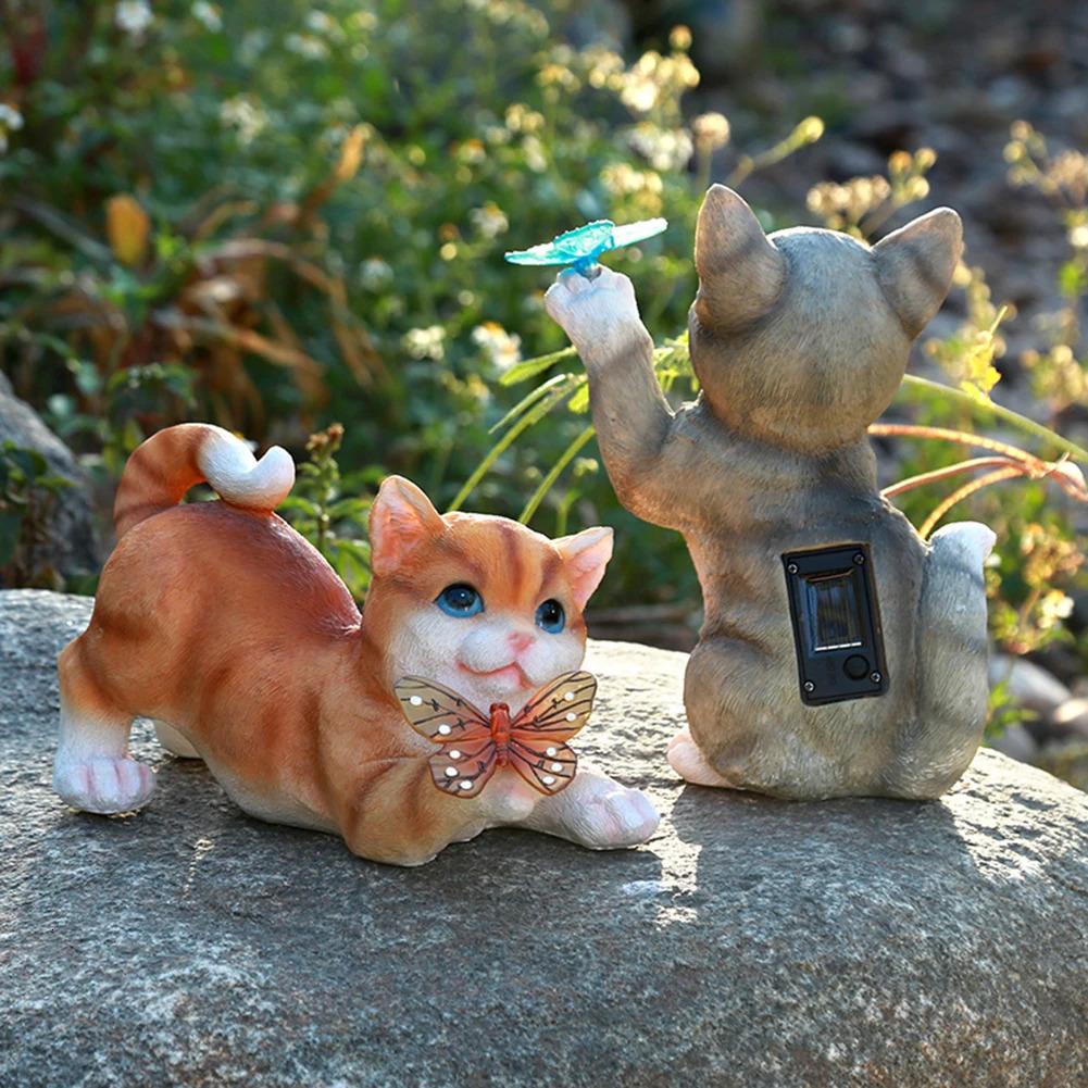 Garden Decorations Solar Garden Lawn Animal Sculpture Luminous Resin Yard Cat Art Statue Ornaments Handicraft Home Decor for Room Office Study 231122