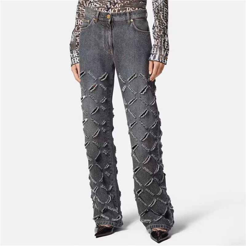 Women's Jean's Jeans 2023 Summer in Vintage Washed Hole Wide Leg Pants Metal Button Decorative Pure Cotton Denim Traf 230422Z