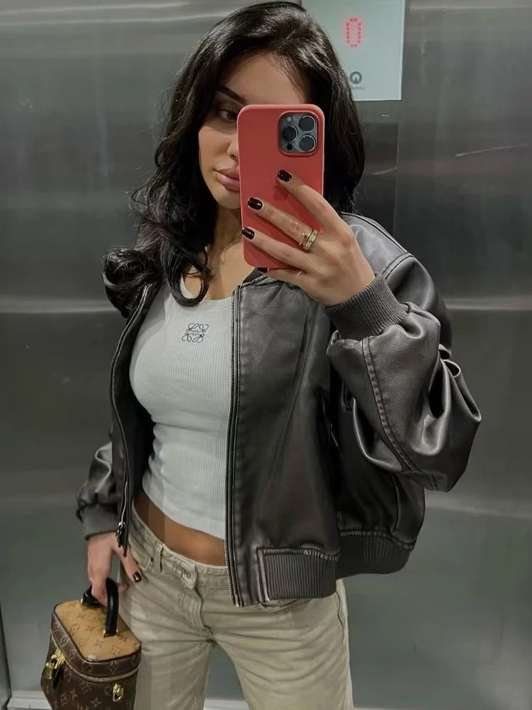 Women s Jackets SLTNX TRAF PU Leather Bomber Jacket for Women 2023 Vintage Stand Collar Front Zipper Short Coat Ladies Long Sleeve Outerwear 231123