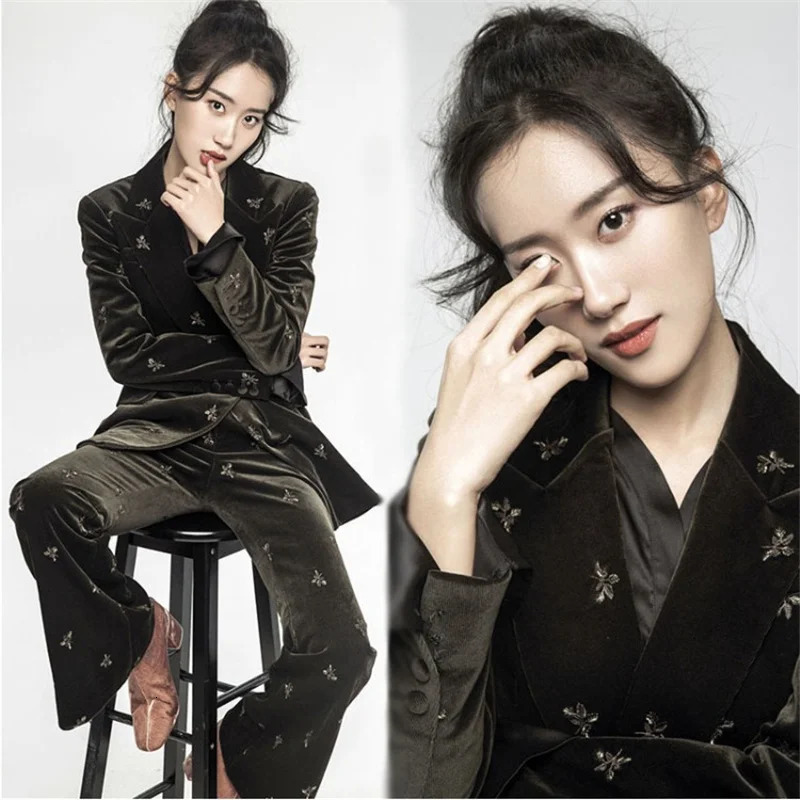 Womens Two Piece Pants British Autumn Winter Style Embroidery Pleuche Jacket Velvet Blazer Trousers 2 Pcs Fashion Suits Y1396 231123