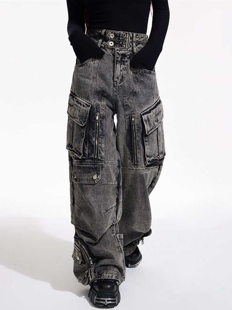 Women's Jeans LGRQ Fashion Loose High Waist Big Pockets Straight Patchwork Cargo Denim Pants Female Summer 2023 19J3929 230422