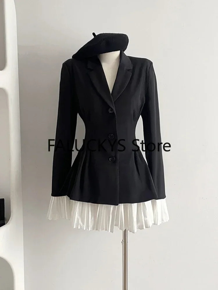 Basic Casual Dresses Women Formal Blazer Lapel Collar Autumn Winter Office Lady Korean Patchwork Contrast Color Outerwear Single Breasted Suit Jacket 