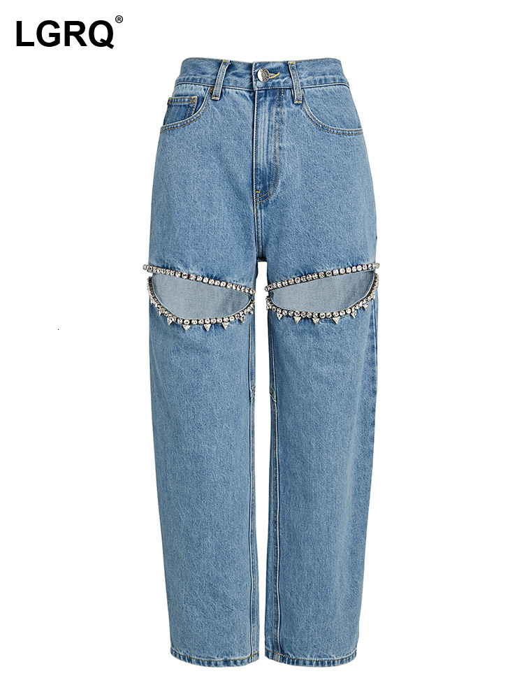 Women's Jeans LGRQ Flares For Women Fashion High Waist Patchwork Button Hollow Out Wide Leg Pants Female 2023 Summer 230422