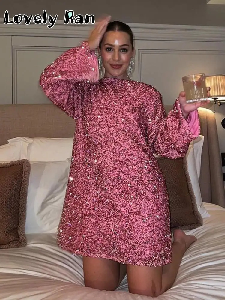 Basic Casual Dresses Fashion Rose Red Sequin Short Dress For Women Year Christmas Party Female Elegant Chic Long Sleeve Evening Vestidos 231123