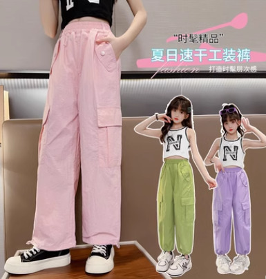 Pants For Girls Pockets Cargo Solid Color Kids Casual Style Clothes 6 8 10 12 14 210527