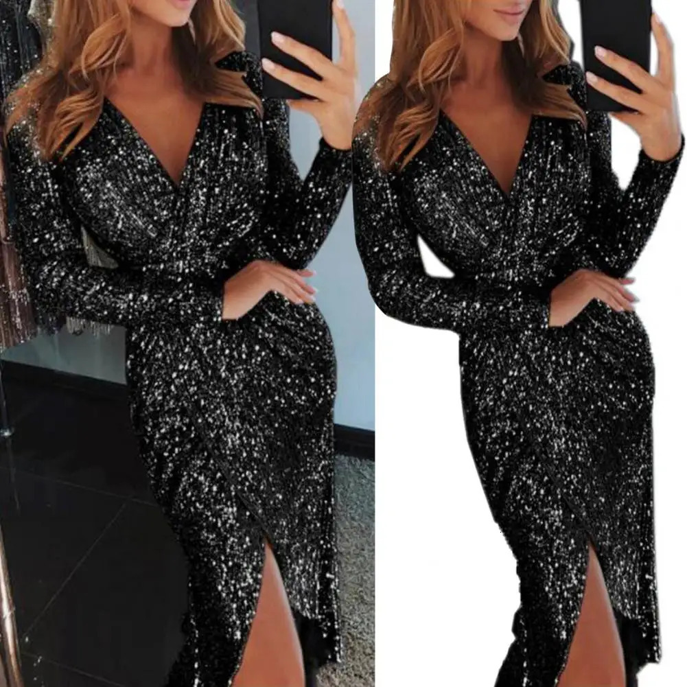 Basic Casual Dresses Midi Dress Sequined Sexy Wrap Slit Party Lady Trendy Pencil Sparkling for Dating 231123