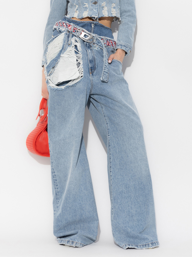 Women's Jeans CHICEVER Streetwear Hole Denim Wide Leg Pants High Waist Patchwork Belt Individuality Hit Color Female 2023 Clothing Style 230422
