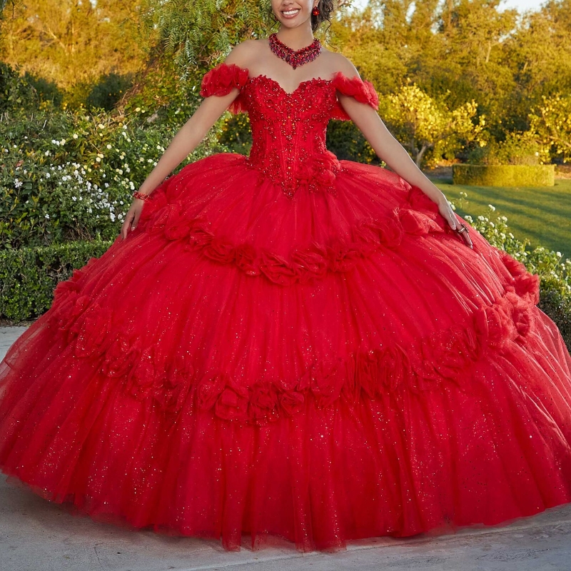 Red Shiny Quinceanera Dresses Sweet 16 Beading Lace wer Tull Off the Shoulder Year Old Girl Princess Birthday Party Ball Dress Vestido De 15 Anos