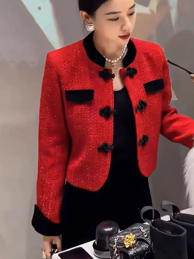 Womens Jackets Autumn Winter Small Fragrance Temperament Tweed Red Jacket Korean Fashion Women Top Chic Short 231123