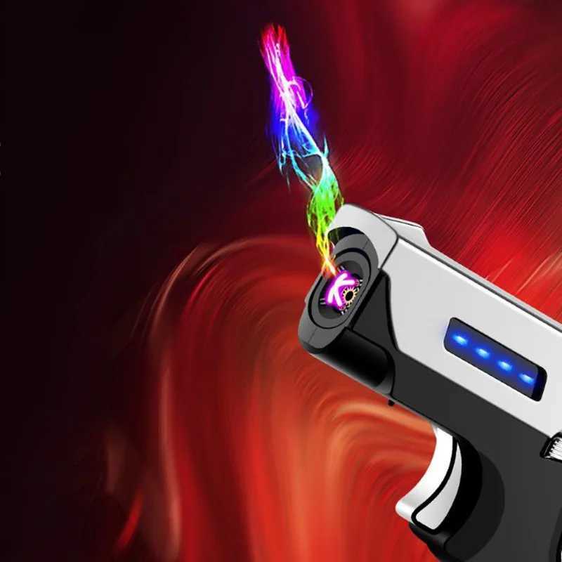 Lighters Jet No Gas Torch Gun Lighter Pistol Metal Creative Folding Electric Plasma Butane Flame Windproof Rechargeable Usb Dual Arc W260202