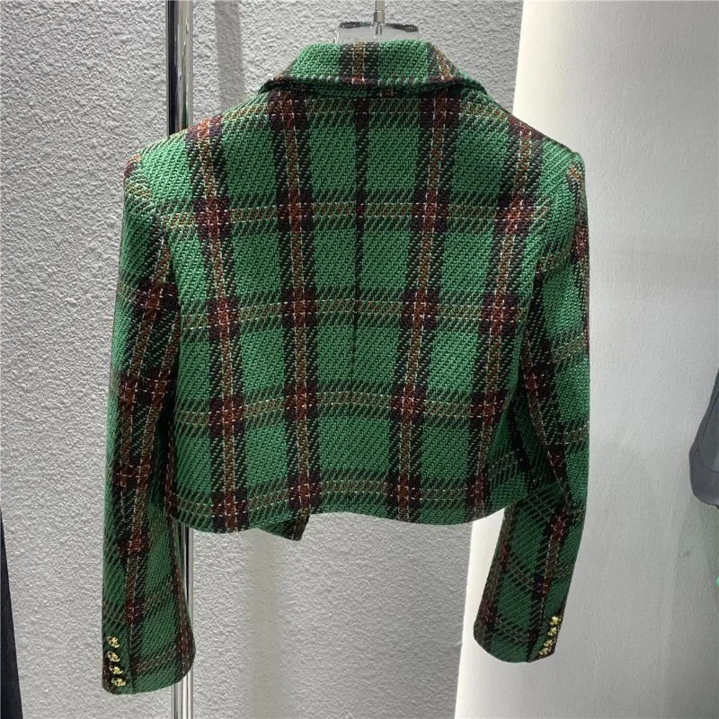 Womens Jackets Plaid Woolen Jacket Women Tweed Blazer High Waist Spring Autumn Cropped Small Suit Outerwear Office Lady Korean Tops 231123