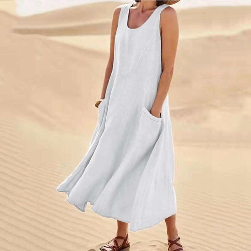 Dress for woman Summer Women Sleeveless designer dress Sundress Elegant Round Neck Cotton Linen Solid Long Tank Dress Vintage Pockets Beach Vestidos