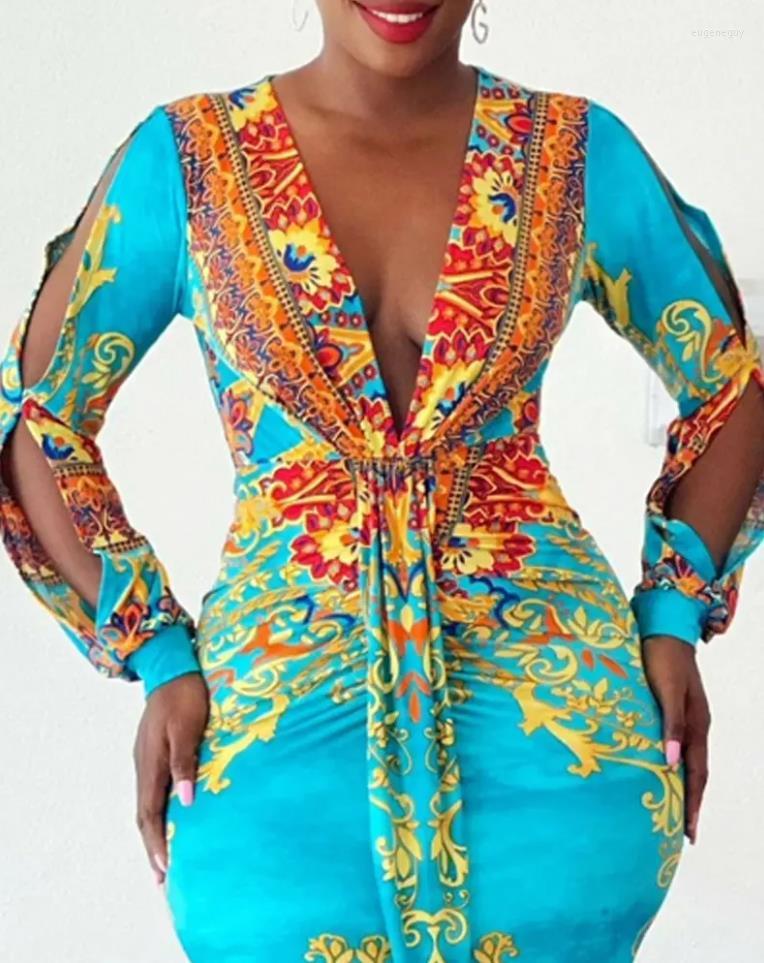Casual Dresses Winter Clothes Women's Dress Fashion Baroque Printed Split Sleeve Deep V-neck Long Retro National Style Robe