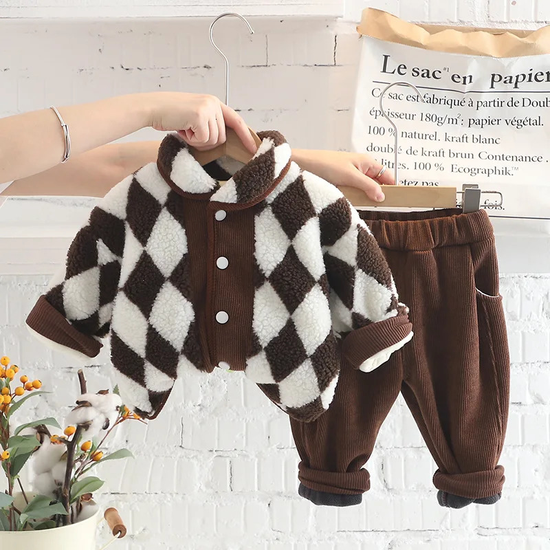 Pajamas Winter Baby Boy Clothes Set GULFNA Toddler Fall Jackets Pants Outfits Checkered Fleece Coat Corduroy Sweatsuits 231122