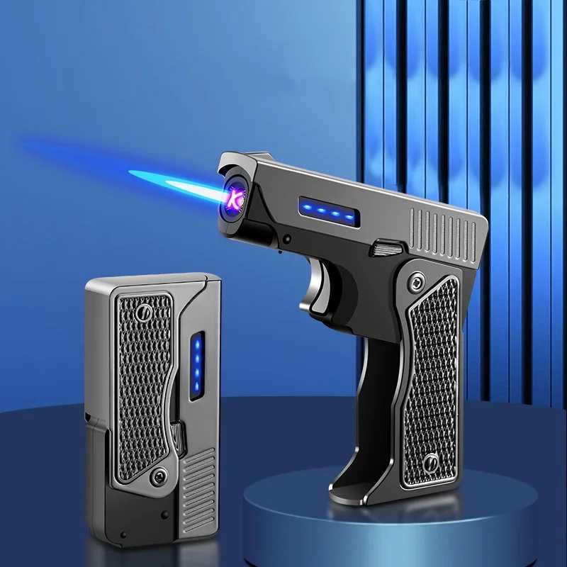 Lighters Jet No Gas Torch Gun Lighter Pistol Metal Creative Folding Electric Plasma Butane Flame Windproof Rechargeable Usb Dual Arc W260202