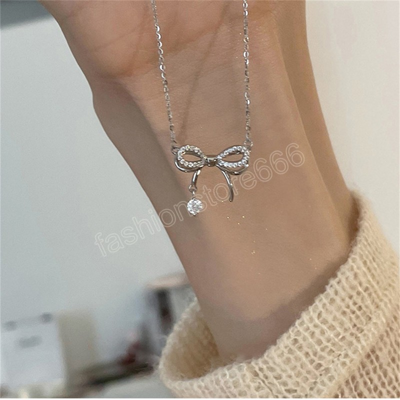 Fashion Silver Color Bow Pendant Necklace Acrylic Zircon Clavicle Chain Necklace For Women Vintage Neck Party Jewelry Gift