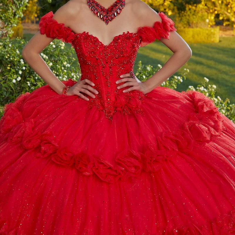 Red Shiny Quinceanera Dresses Sweet 16 Beading Lace wer Tull Off the Shoulder Year Old Girl Princess Birthday Party Ball Dress Vestido De 15 Anos