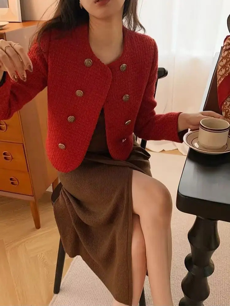 Womens Jackets Autumn Winter Small Fragrance Temperament Tweed Red Jacket Korean Fashion Women Top Chic Short 231123