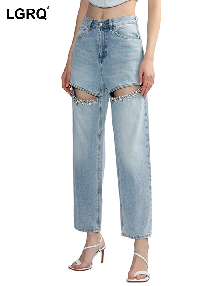 Women's Jeans LGRQ Flares For Women Fashion High Waist Patchwork Button Hollow Out Wide Leg Pants Female 2023 Summer 230422