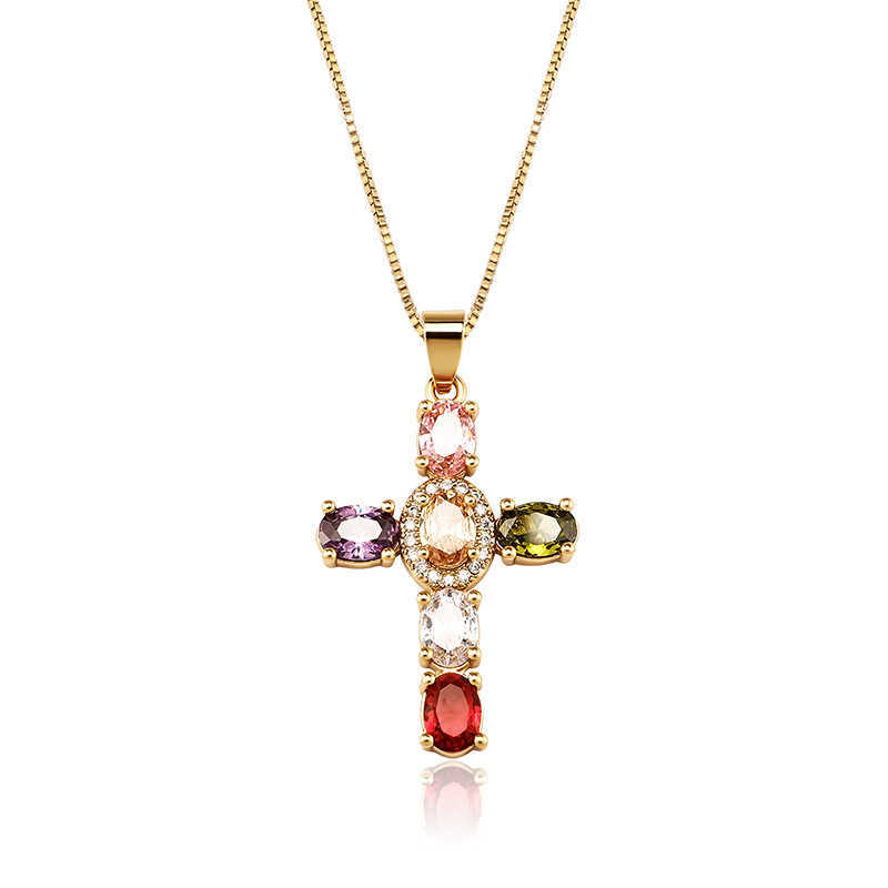 Creative Womens Colorful Cubic Zirconia Cross Pendant Necklace Shiny Prong Multi Color Crystal Hip Hop Fashion 14K Real Gold Plated CZ Stone Jewelry G