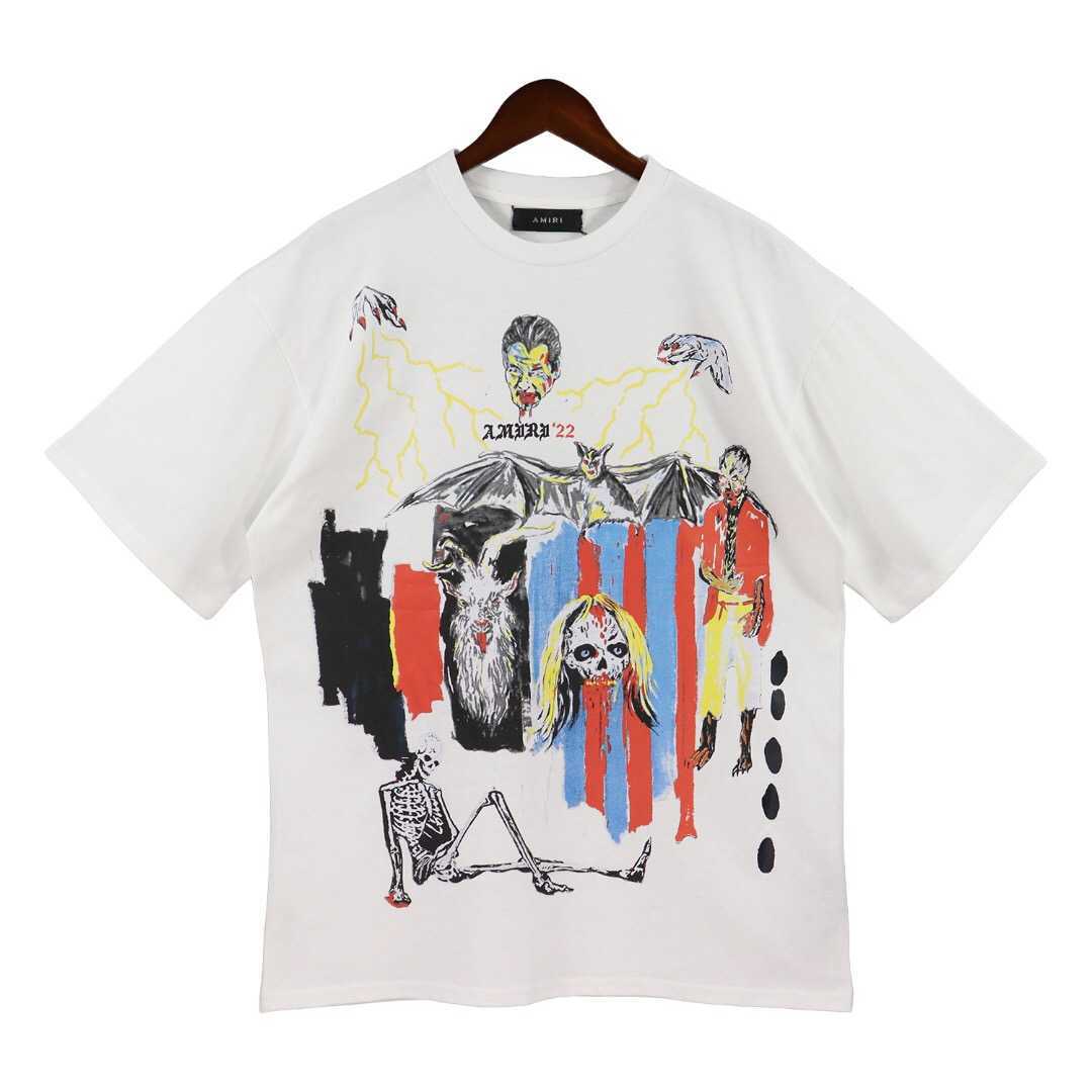 Designer Fashion Clothing Tees Tshirt Amiiri2023 New Vampire Skull Head Lightning Graffiti Speckle Short Sleeve T-shirt Unisex Luxury Streetwear for sale