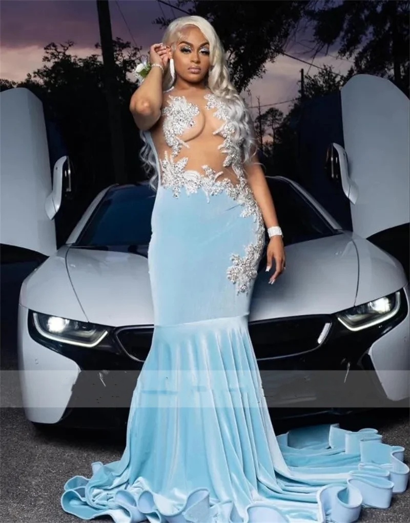 Diamonds Blue Sparkly Prom Dress for Black Girls Veet Glitter Bead Crystals Rhinestone Birthday Party Gown Vestidos 322