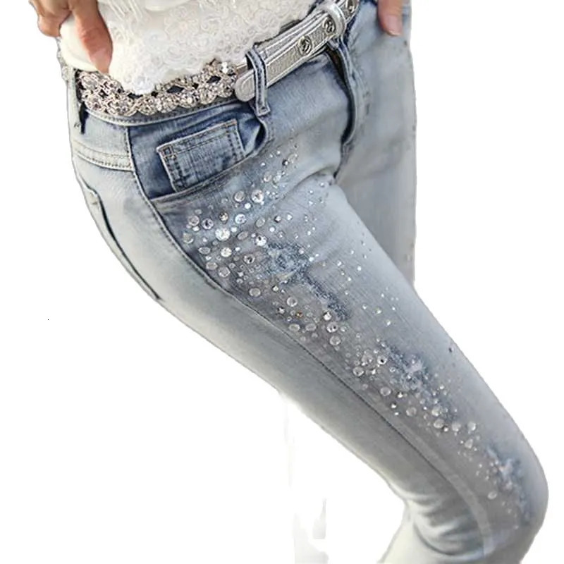 Women's Jeans jewelry diamond embroidered street denim pant light blue hallow out hole jeans punk fashion ankle leggings 230422