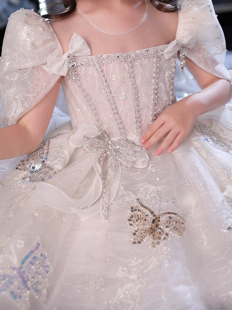2023 shiny Design Flower Girls Dresses For Weddings Long princess pearls Sequins Pageant Party Gowns First holy Communion Dress For Child Teens girl p