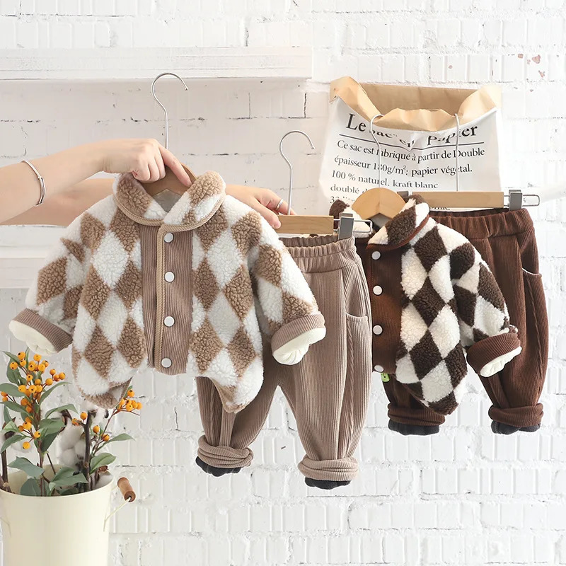Pajamas Winter Baby Boy Clothes Set GULFNA Toddler Fall Jackets Pants Outfits Checkered Fleece Coat Corduroy Sweatsuits 231122