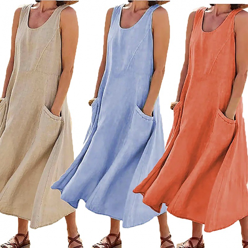 Dress for woman Summer Women Sleeveless designer dress Sundress Elegant Round Neck Cotton Linen Solid Long Tank Dress Vintage Pockets Beach Vestidos