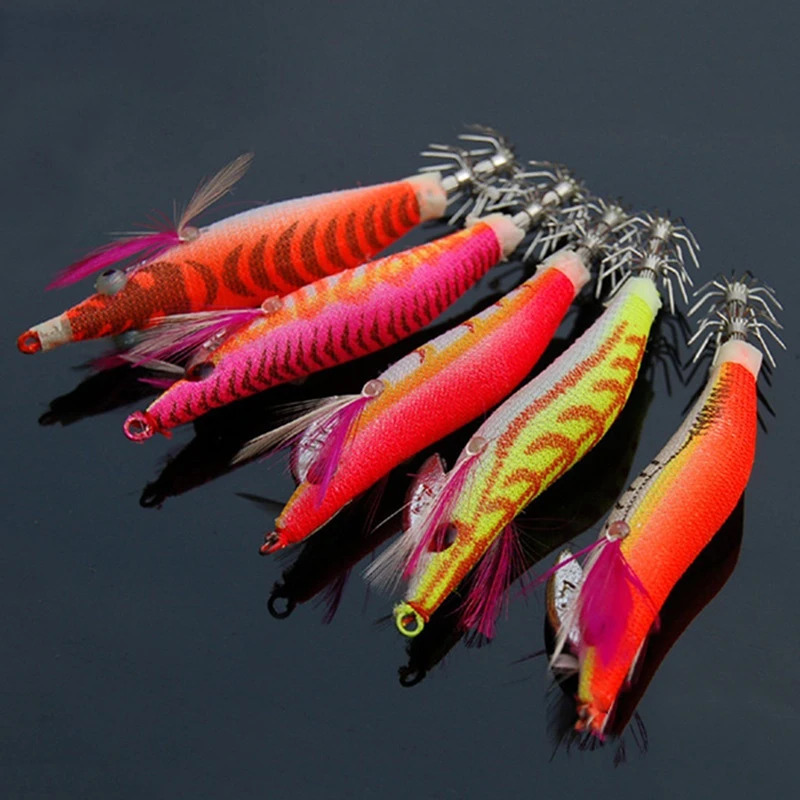 Fishing Hooks 5pcs Luminous Squid Jigs Prawn Hook Wooden Bionic Shrimp Baits Lures For Saltwater 7 32g 231123