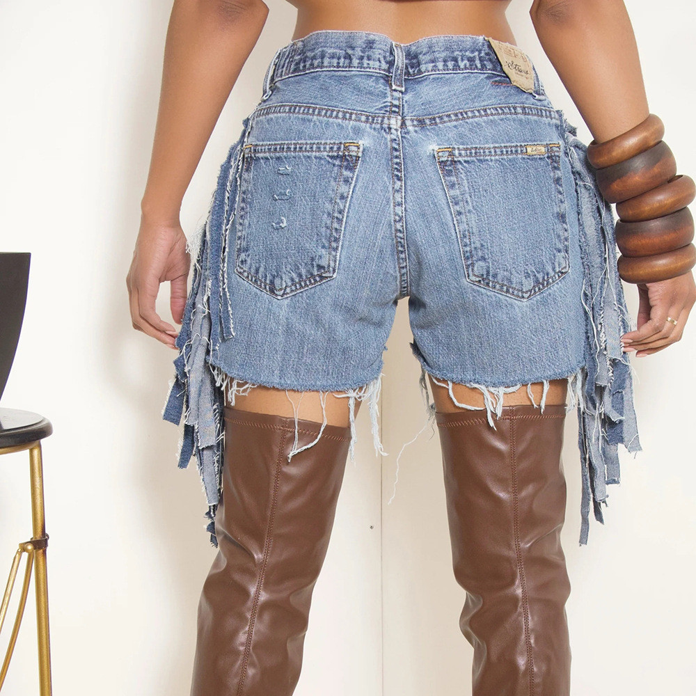 New NEW Designer Denim Shorts Summer Women Retro Tassels Jeans Casual High Waist Stretchy Ripped Shorts Fashion Distressed Retro Denim Shorts Clothes 
