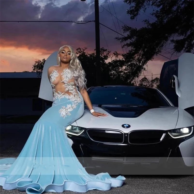 Diamonds Blue Sparkly Prom Dress for Black Girls Veet Glitter Bead Crystals Rhinestone Birthday Party Gown Vestidos 322