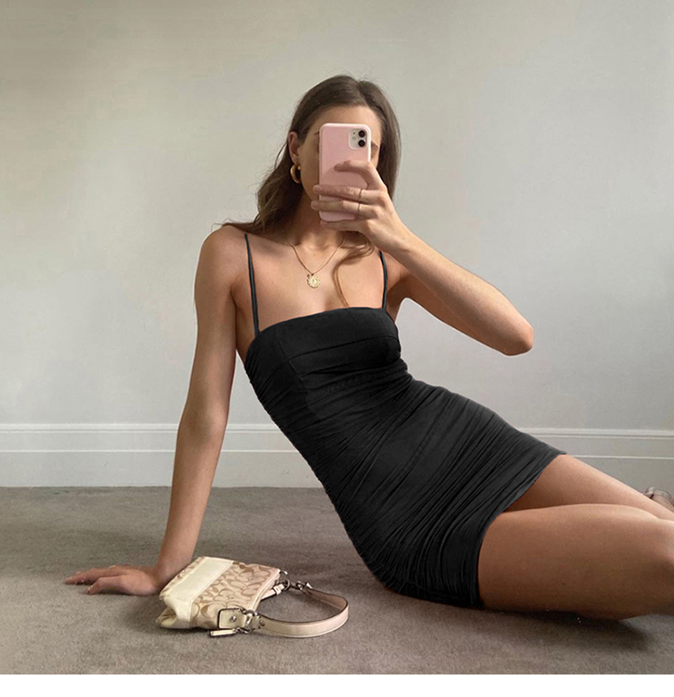 Womens casual dresses rose color spaghetti strap sexy bodycon gauze mini short dress SMLXL