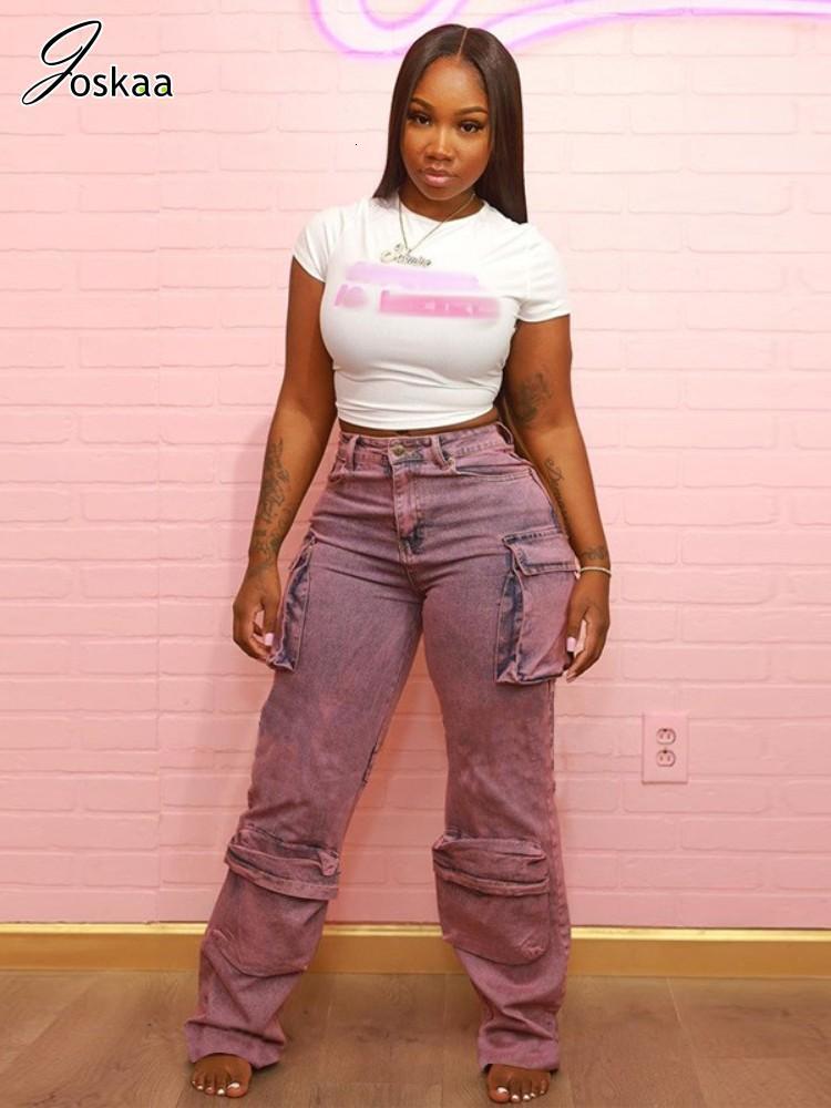 Women's Jeans Joskaa Solid High Waisted Jean Casual Multi Pockets Straight Pants Summer 2023 Fashion Denim Trousers Street Bottoms 230422Z