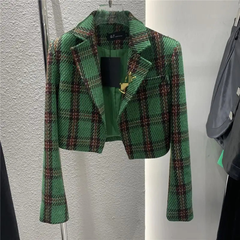 Womens Jackets Plaid Woolen Jacket Women Tweed Blazer High Waist Spring Autumn Cropped Small Suit Outerwear Office Lady Korean Tops 231123